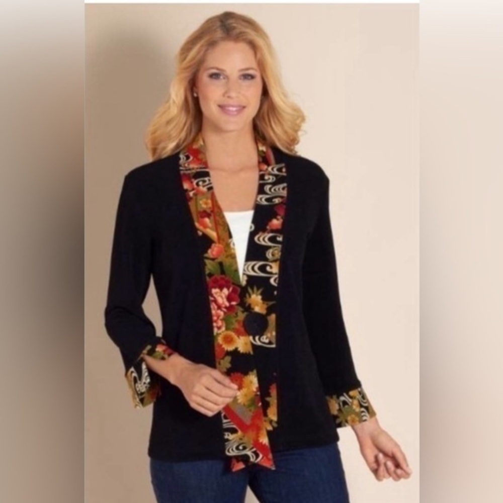 SOFT SURROUNDINGS Black Textured Asian Red Floral Kimono Jacket Cardigan M